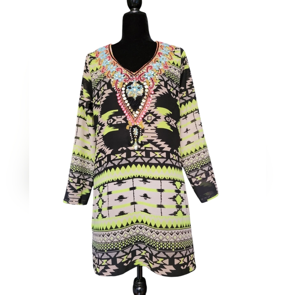 Lucky & Coco Embellished Bohemian Patterned Sheer Swimsuit Coverup Size Small